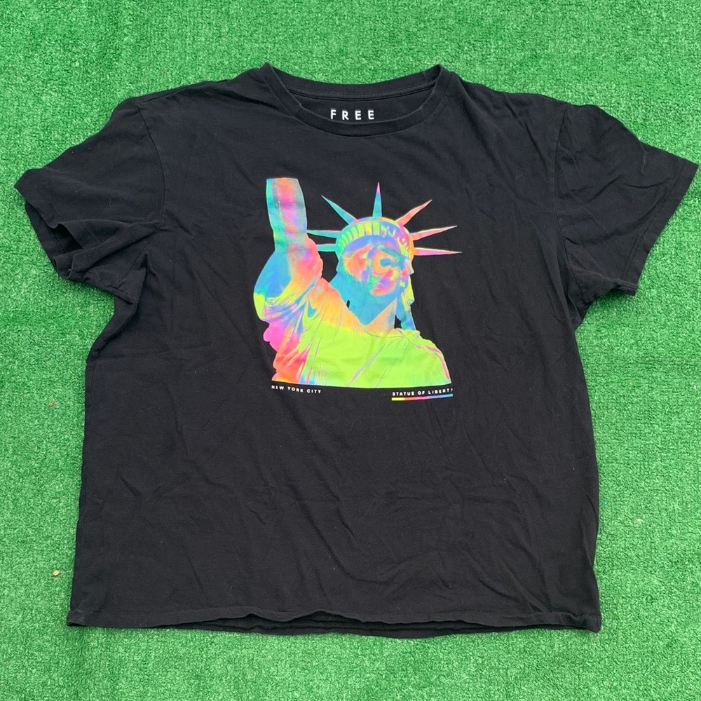 Black Graphic Tee with Neon Statue of Liberty Print